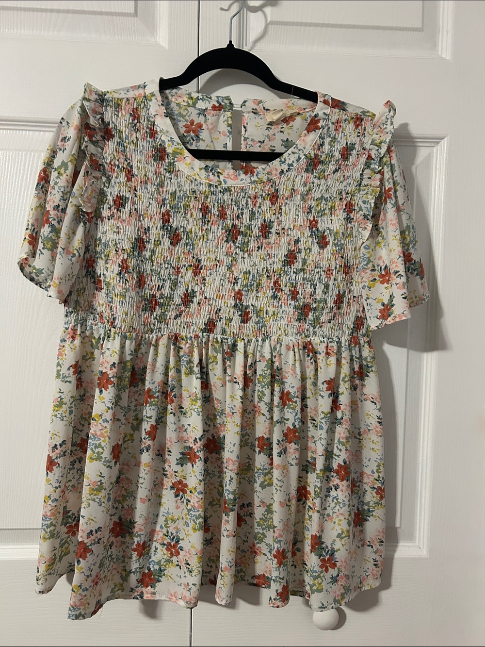 Cream Floral Smocked Women's Blouse with Flutter Sleeves